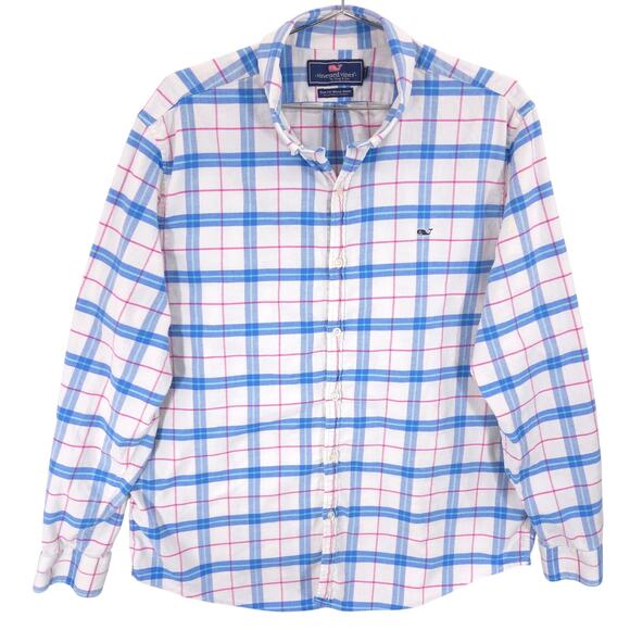 Vineyard Vines Flannel Shirt Mens XL Blue Plaid Slim Fit Whale Flex Button Down - Picture 1 of 9